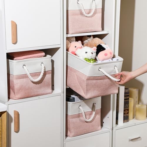FoldTier 10 Pack Large Collapsible Fabric Storage Baskets with Handles Decorative Storage Bins for Organizing Shelves Toys Clothes (Pink & White,16 x 12 x 10 Inches) - Image 6