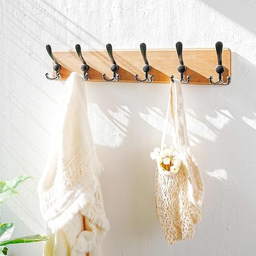 Dseap Coat Rack Wall Mounted - 24" Long 6 Tri Hooks, Heavy Duty Wooden Wall Coat Hanger Coat Hook for Clothes Hat Jacket Clothing, Weathered Yellow and Black - Image 6