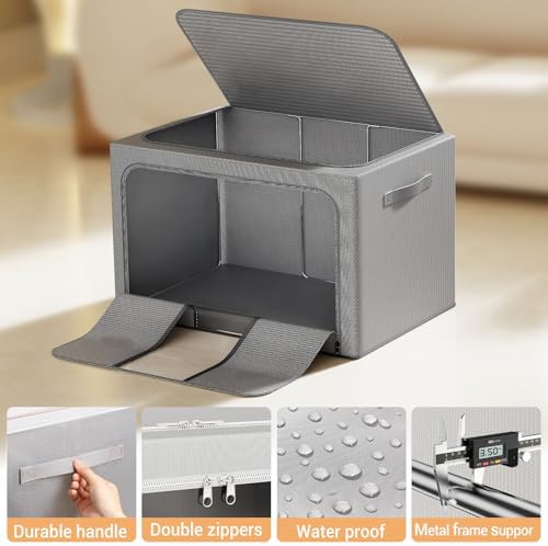 Clothes Storage Bins with Metal Frame, Foldable Clothes Organizers Storage Containers for Clothes, Sheets, Blankets, Pillows and Towels （66L, 3 Pack, Deep Grey - Image 6