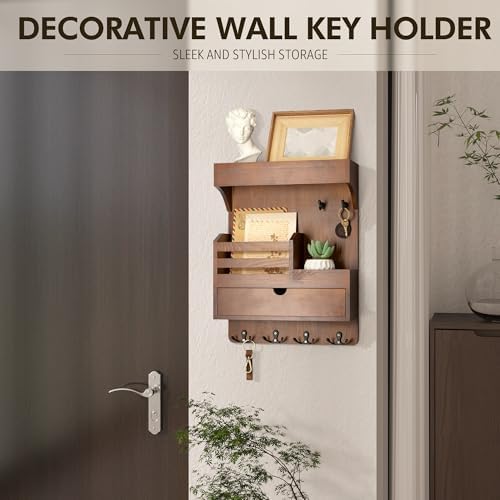 Rebee Vision Key Holder Wall Mount with Drawer Organizer for Entryway,Brown - Image 3