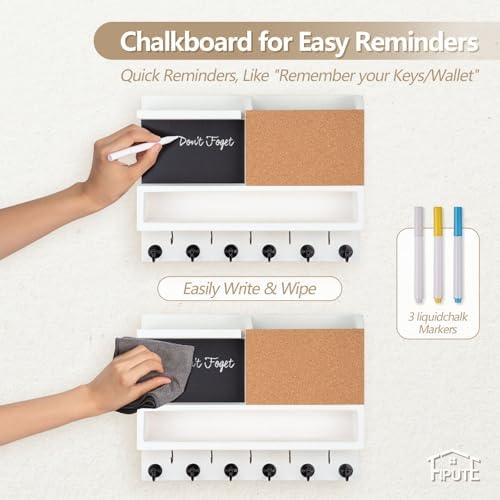 Key Holder for Wall Mount with Mail Organizer, Farmhouse Key Holder for Wall with Shelf, Chalkboard&Corkboard, Entryway Organizer 11 Metal Hooks, Decorative Natural Pine Wood, 14.6*11.1*3.3”, B-White - Image 5