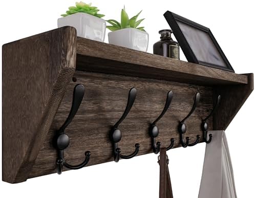 WEBI Coat Rack Wall Mount with Shelf,24" Long Wall Shelf with Hooks Underneath,5 Triple Hooks for Entryway,Hallway,Bedroom,Weathered Brown by WEBI