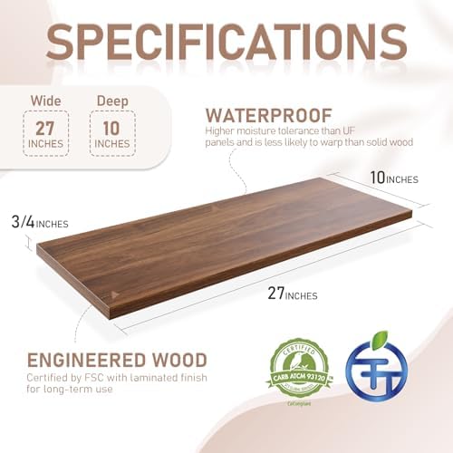 Kaboon 27 inch Long 10 inch Deep Floating Shelves for Wall Set of 2, Large Open Shelves Wall Mounted, Space Saving Home and Commercial Use, Walnut - Image 3