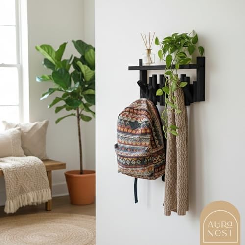 Bamboo Wall Mounted Coat Rack with Shelf Flip Down Wooden Hooks for Entryway Hallway Bedroom | Matte Black Piano Hanger, 5 Hooks, Space Saving Organizer - Image 6