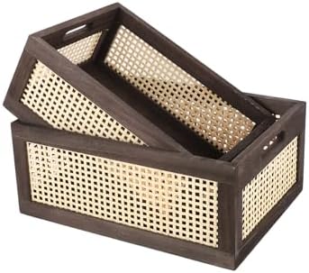 Rattan Wooden Storage Basket with Handle, Brown Set of 2 by HODAKJUE