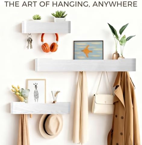Coat Rack Wall Mount with Shelf Entryway Shelf Modern Key Holder Hanger Wall Shelves with Hidden Hooks for Hanging Towels Coats Hats Bags for Hallway Bathroom Bedroom(White, 8 Hooks) - Image 3
