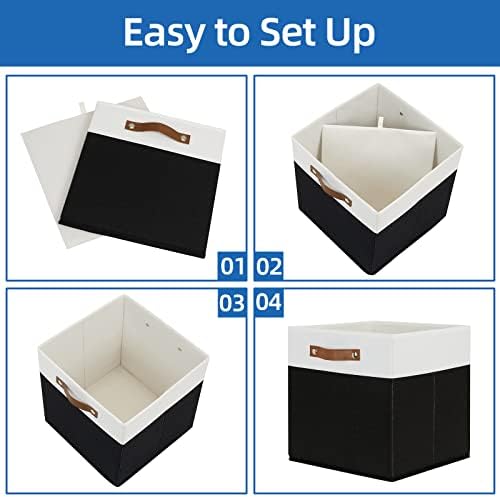 Temary Fabric Storage Bin 4 Pack Cube Storage Bin for Shelf Fabric Cube Storage Basket 13 Inch Cube Storage Bins Foldable Storage Cubes with Leather Handles(White&Black) - Image 5