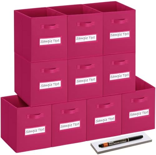 11x11 storage cube bins (Set of 10) Foldable Fabric storage cubes with 10 Labels Window Cards & a Pen,11 inch cube storage bin,Closet Organizers for Shelves,Cubby Organizer Boxes,Dark pink by Artsdi