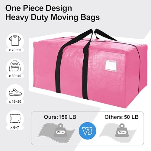 6 Pack Heavy Duty Extra Large Moving Bags W/Backpack Straps - Strong Handles & Zippers, Storage Totes For Space Saving, Fold Flat, Alternative to Box and Bin (40 gal, Pink) - Image 5