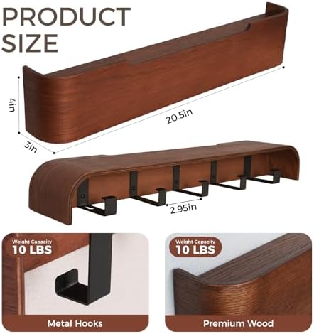 Coat Rack Wall Mount with Shelf Entryway Shelf Modern Key Holder Hanger Wall Shelves with Hidden Hooks for Hanging Towels Coats Hats Bags for Hallway Bathroom Bedroom(Walnut Color, 5 Hooks) - Image 2