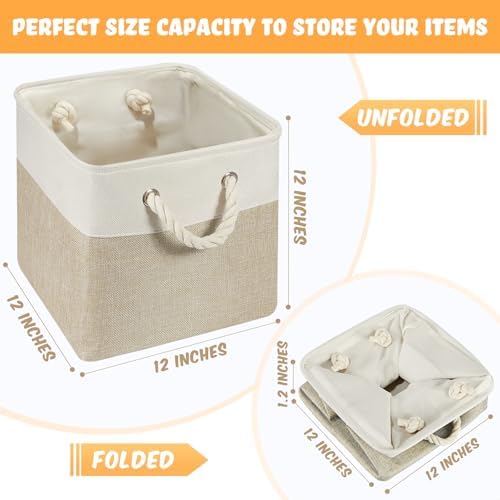 6 Pack 12x12 Inch Cube Storage Bins Square Fabric Cube Baskets, Light Brown - Image 2