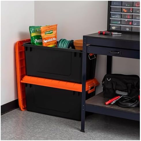 IRIS USA 21 Gallon Heavy-Duty Plastic Storage Bins, Store-It-All Container Totes with Durable Lid and Secure Latching Buckles, Garage and Metal Rack Organizing, Black/Orange, 3 Pack - Image 3