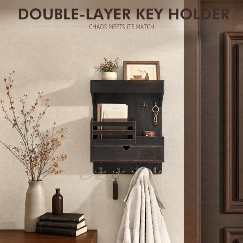 Rebee Vision Key Holder Wall Mount with Shelf for Entryway,Distressed Black - Image 3
