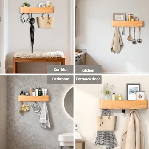 Wall Mounted Coat Rack with Shelf, Wooden Entryway Organizer with Hidden Metal Hooks for Hanging Coats Bags Keys, Modern Floating Shelf for Hallway Bathroom - Image 5