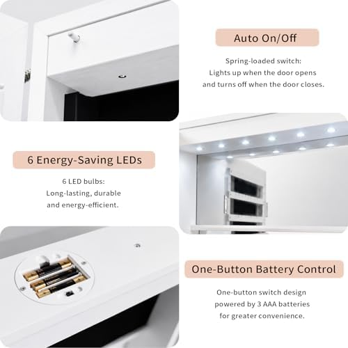 6 LEDs Mirror Jewelry Cabinet, Over the Door Jewelry Organizer with Full Length Mirror, Wall Mounted or Door Hanging Jewelry Box with Storage - Image 6