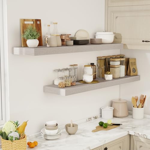 Acovy 55 Inch Floating Shelves, 12" Deep Floating Shelf Wall Mounted, 55" Wall Shelves, Rustic Deep Bookshelf, Extra Deeper & Thicker Display Shelves for Bedroom, Living Room, Gray, Set of 2 - Image 2
