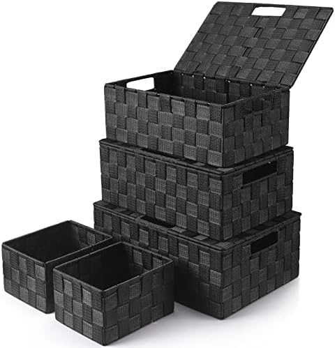 Storage Baskets with Lids: 5 Pack Stackable Woven Storage Bins, Black by Uvellgift