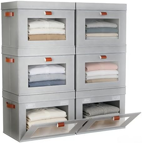 6-Pack Collapsible Stackable Storage Bins with Lids, Grey by CBJILWOF