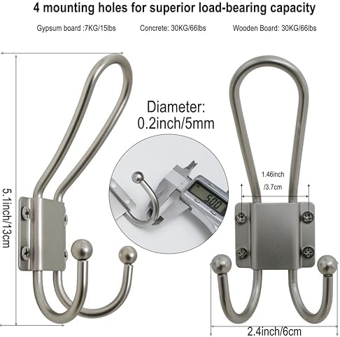 WEBI Coat Hooks Wall Mount,5 mm Thick,10 Large Triple Hooks,Heavy Duty Metal Backpack Wall Hooks for Hanging Clothes,Robe,Towel,Closet,Farmhouse,Mudroom,Silver - Image 3