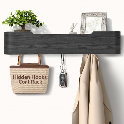 Coat Rack Wall Mount with Shelf 5 Hidden Hooks Modern Wooden Key Holder Entryway Organizer for Hallway Bedroom Bathroom Home Decor Storage for Hanging Coats Hats Bags Towels, Black by Jadoxy