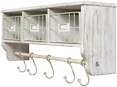 BizChair Wall Mounted Storage Rack - Whitewashed Solid Pine Wood - 24 Inch - Upper Shelf - 5 Hooks - Wire Baskets - For Entryway, Kitchen, Bathroom by BizChair