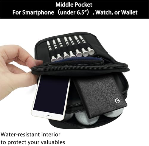 Golf Bag Pouch for Balls and Accessories | 3 Zipper Pockets | Detachable Clip | Store Up to 15 Balls | Front Tee Holder and 10 Bamboo Tees 3 1/4 in - Image 3