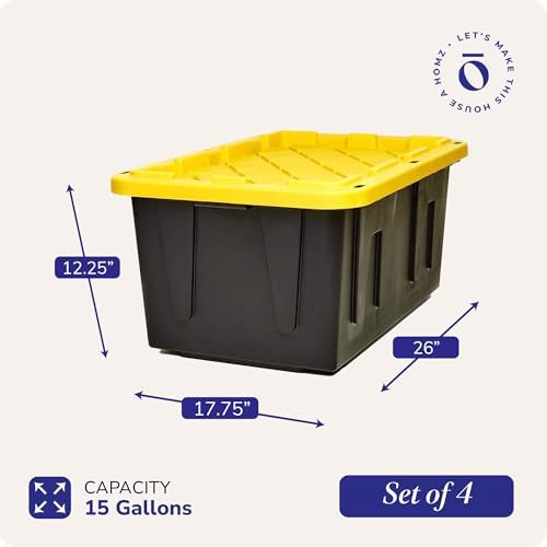 HOMZ Durabilt Plastic Storage Bins with Lids, 15 Gal, Black/Yellow, 4-Pack - Image 4