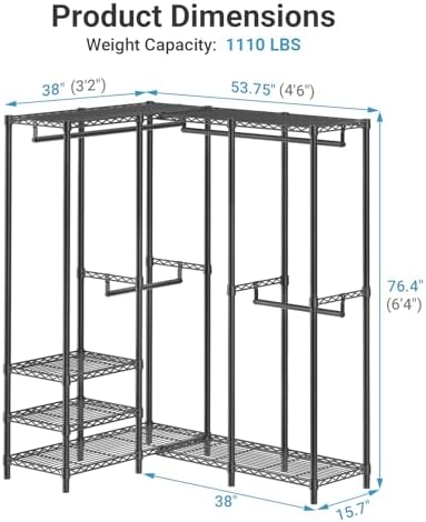 VIPEK L40 Corner Clothes Rack, Heavy Duty L-Shaped Freestanding Closet, Metal Clothing Rack, Corner Wardrobe for Hanging Clothes, 53.75" L x 38" W x 76.4" H, Load Capacity 1110 LB, Black - Image 4