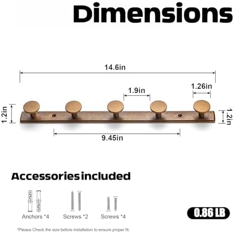 Goo-Ki Antique Brass Coat Rack Wall Mount with Escutcheon Backplate, Heavy Duty Zinc Coat Hooks Wall Mounted, Vintage Rustic Hat Hanger and Towel Rack for Entryway, Mudroom, and Bathroom (5 Hooks) - Image 2