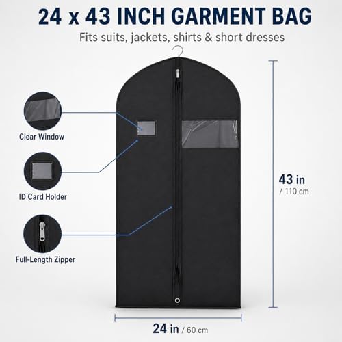 25 Pack Black Non-Woven Garment Bags for Hanging Clothes, 24 x 43 Inch Suit Bags with Clear Window and ID Card Holder, Dustproof Clothes Covers with Zipper for Suits Coats, Jackets, Dresses and Shirts - Image 2