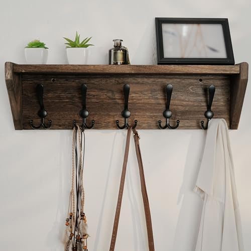 WEBI Coat Rack Wall Mount with Shelf,24" Long Wall Shelf with Hooks Underneath,5 Triple Hooks for Entryway,Hallway,Bedroom,Weathered Brown - Image 2