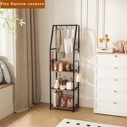 Tall Narrow Purse Organizer for Closet, 3-Tier Floor Standing Handbag Storage Rack with 8 Adjustable Hooks, Space-Saving Purse Display Stand for Small Space Bedroom Entryway (Rustic Brown) - Image 5