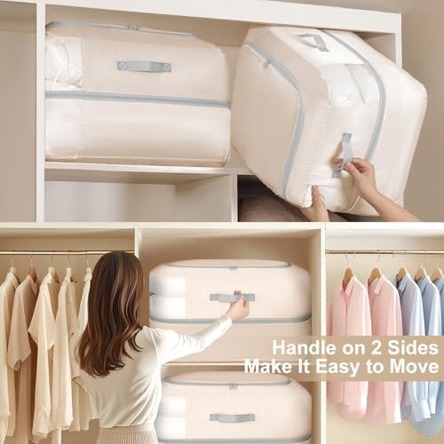 Comforter Storage Bag - 110L Large Capacity Blanket Storage Bags 2-Layer Ultra Space Saving Self Compression Organizer, Washable Compression Bags for Storage Comforter Blanket, 6-Pack, Beige - Image 5