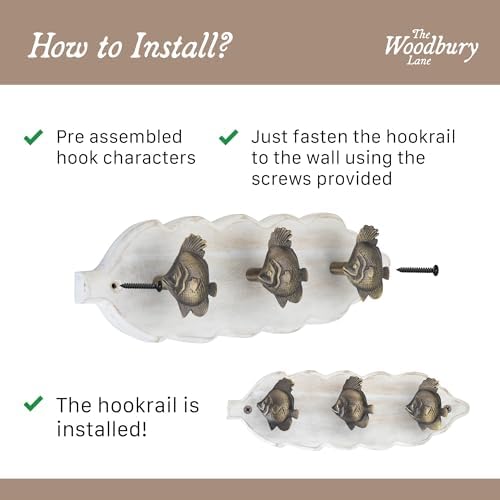 Rustic Wall-Mounted Coat Rack with 3 Antique Brass Fish Hooks – Distressed White Wooden Base, Nautical Coastal Hook Rail for Hats& Keys, Beach House Entryway & Mudroom Organizer - Image 3