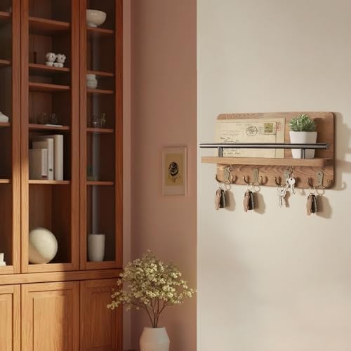 Key Holder for Wall, Wooden Key Hooks Wall Mount Mail Organizer Hanger Rustic Wooden Mail Rack Organizer with Hooks for Home Mudroom Office Entryway Hallway - Image 6