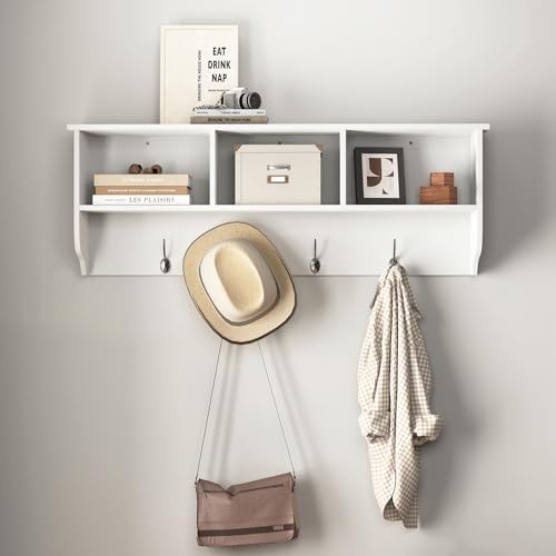 Wall Mounted Coat Rack with Shelf - Wall Hooks with Shelf, Entryway Hanging Shelf with 4 Dual Hooks for Clothes Hats Towel Purse Robes, Bathroom Mudroom Bedroom - 39"x8"x14" (White) by HEIGHYOXPFurniture