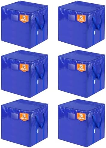 TICONN 6 Pack Extra Large Moving Bags with Zippers & Carrying Handles, Heavy-Duty Storage Tote Moving Boxes for Space Saving (6 PK, 75 Gallon) by TICONN