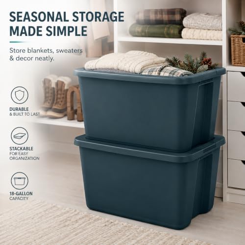 18 Gal Storage Bin with Snap-On Lid, Stackable Plastic Tote for Home, Teal - Image 3