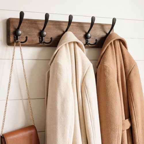 WEBI Rustic Coat Rack Wall Mounted,Wood Coat Hanger Wall,5 Coat Hooks,16" Hole to Hole,Hook Rack Rail,5 Triple Hooks for Hanging Jacket,Clothes,Hats,Entryway,Brown,2 Packs - Image 2