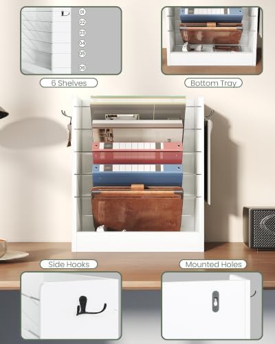 CHOEZON Wall File Holder, 6-Tier File Organizer, Office Supplies Storage Rack, Versatile Desktop Organizer, with Detachable Shelves, with Side Hooks, for Living Room, Study, Home Office, White MWJ02WB - Image 5