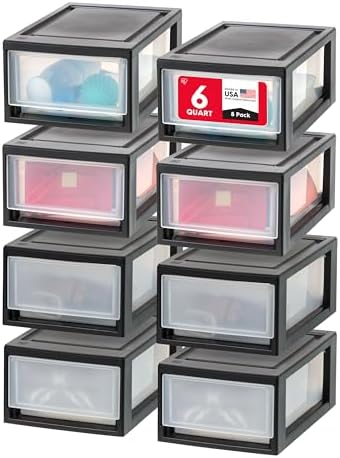 IRIS USA 8-Pack, 6 Qt. Small Stacking Drawer Storage Organizer, Black by IRISUSA