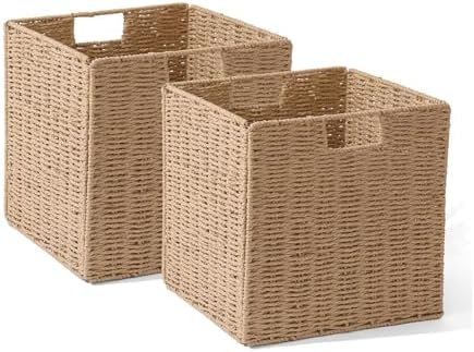 12x12x12in Wicker Storage Baskets for Shelves, Set of 2 Hand-Woven Paper Rope Wicker Basket,Foldable Cube Storage Bins, Natural Color Storage Cubes, Square Baskets for Organizing Decor by WickerStorageBaskets
