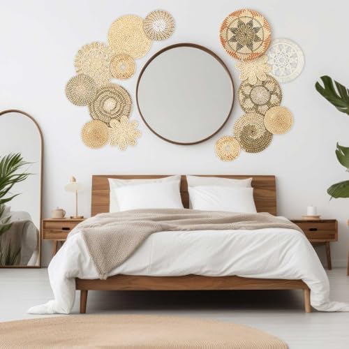 Xuhal 15 Pcs Boho Wall Basket Decor Handcrafted Seagrass Woven Wall Basket Rustic Round Woven Hanging Art for Home Farmhouse Kitchen Table Living Room(Classic Style) - Image 2