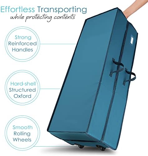 Hearth & Harbor Wrapping Paper Storage Container with Ribbon Dispenser and Interior Pockets - Large Christmas Storage Containers with Wheels, Fits 30 Rolls of 40" Length, Blue - Image 3