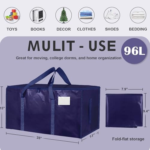16 Pack-Extra Large Heavy Duty Moving Bags - Waterproof Storage Totes with Handles & Zippers, Foldable for College Dorm, Storage (Dark Blue) - Image 2