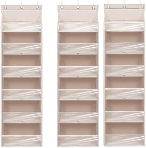 Over Door Organizer with 6 Extra Large Pockets 12 Side Pockets, Sturdy Closet Storage Rack, Hanging Storage Organizer with Clear Window for Shoes, Diaper, Bedroom, Bathroom, Beige, 3-Pack by Unknown