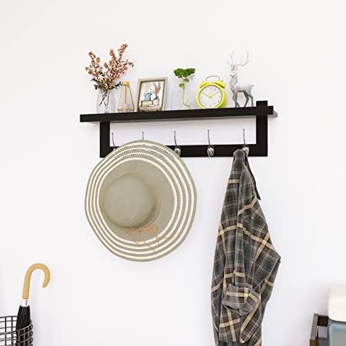 SMIBUY Coat Hooks with Shelf Wall-Mounted, 29.2 Inch Entryway Coat Rack for Wall, Bamboo Hanging Shelf with 5 Double Metal Hooks for Bathroom, Bedroom, Kitchen, Living Room, Mudroom (Black+Silver) - Image 2