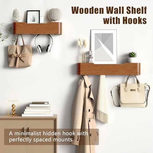Coat Rack Wall Mount with Hidden Hooks, Wall Hooks with Shelf, Wall Key Holder Mount Wooden Shelf Entryway Hooks for Bedroom Bathroom for Hanging Coats Hats Bags Towels (Walnut, 5 Hooks) - Image 7