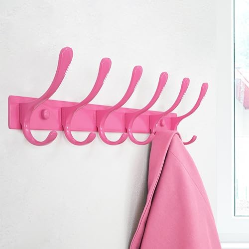 SKOLOO Wall Mounted Coat Rack - 6 Hooks, Pack of 2, Heavy Duty, Stainless Steel, Metal Wall Hanger, Sturdy Coat Hooks for Hanging Coats, Jackets, Clothes, Hats - Pink - Image 2