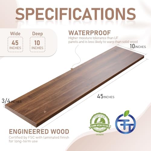Kaboon 45 inch Long 10 inch Deep Floating Shelves for Wall Set of 2, Large Open Shelves Wall Mounted, Space Saving Home and Commercial Use, Walnut - Image 3